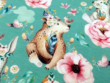 Reststück Baumwolljersey Touching Tiere dunkelmint - Kopie